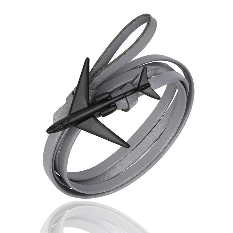 bracelet avion noir cuir gris