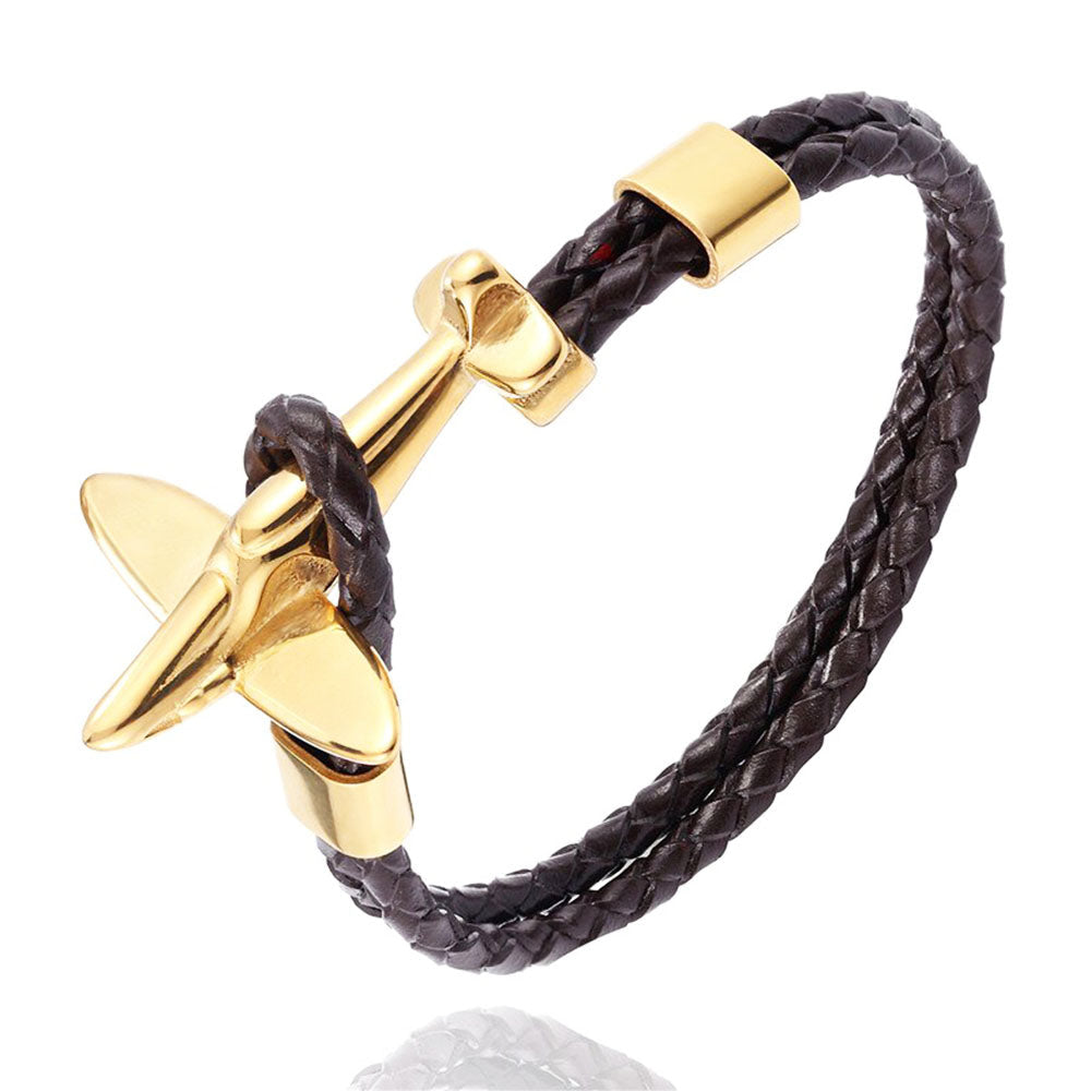 bracelet avion retro cuir noir et or