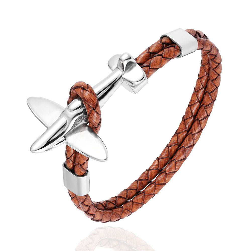 bracelet avion retro cuir marron et argent