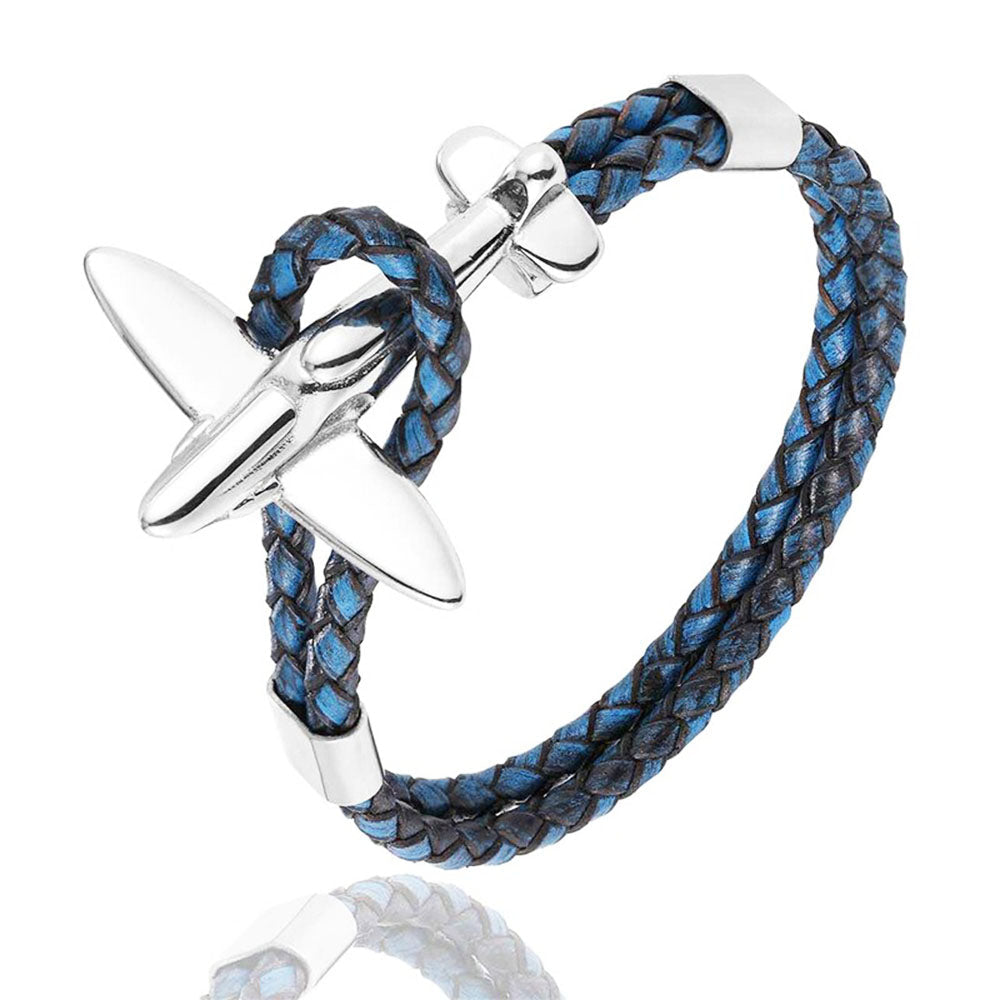bracelet avion retro cuir bleu et argent