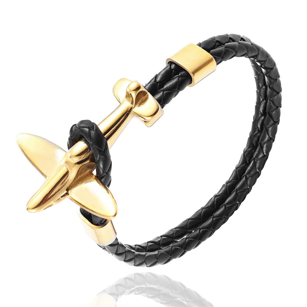 bracelet avion retro cuir noir et or