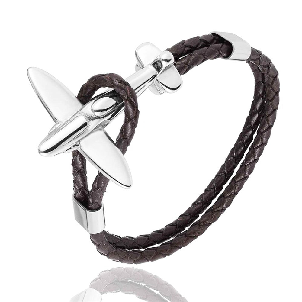 bracelet avion retro cuir noir et argent