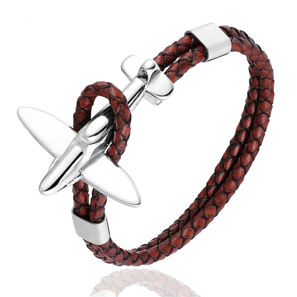 bracelet avion retro cuir marron et argent