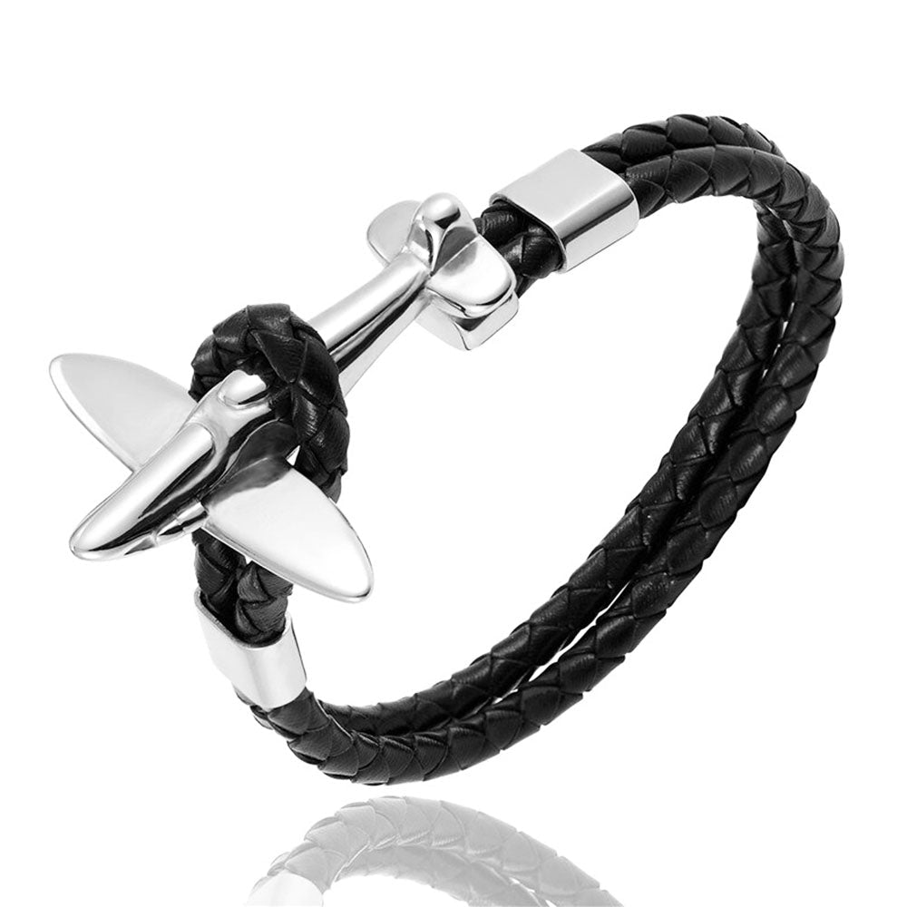 bracelet avion retro cuir noir et argent