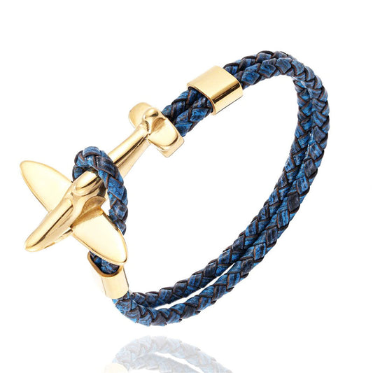 bracelet avion retro cuir bleu et or