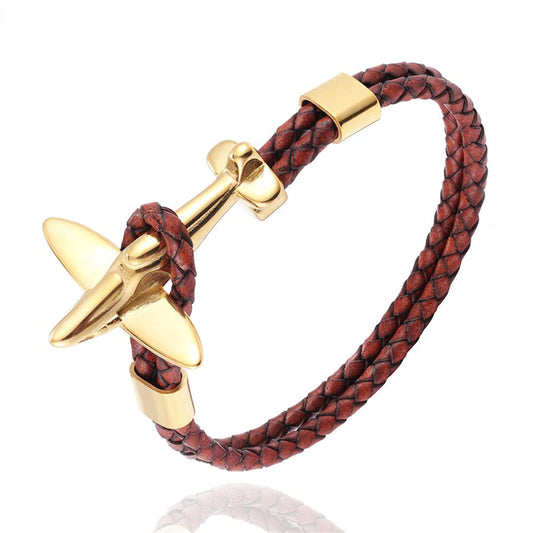 bracelet avion retro cuir marron et or