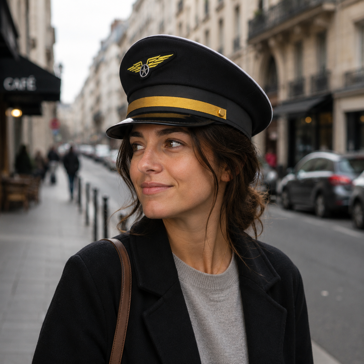 Casquette pilote de ligne noire avec détails dorés