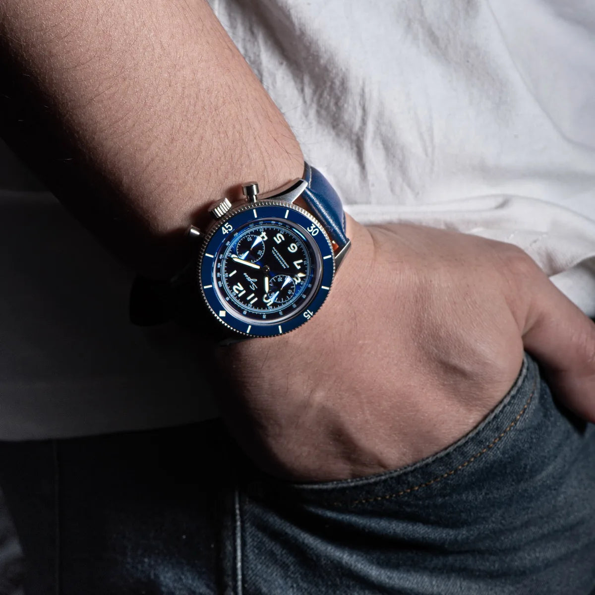 Montre Pilote Chronographe Héritage avec bracelet en cuir bleu