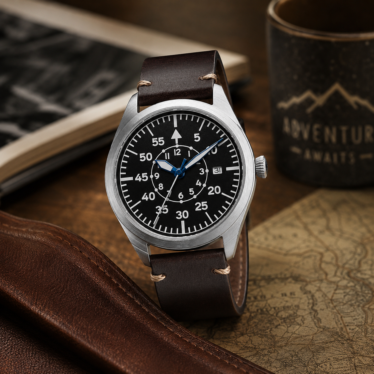Montre aviateur Horizon Noir bracelet cuir style cockpit