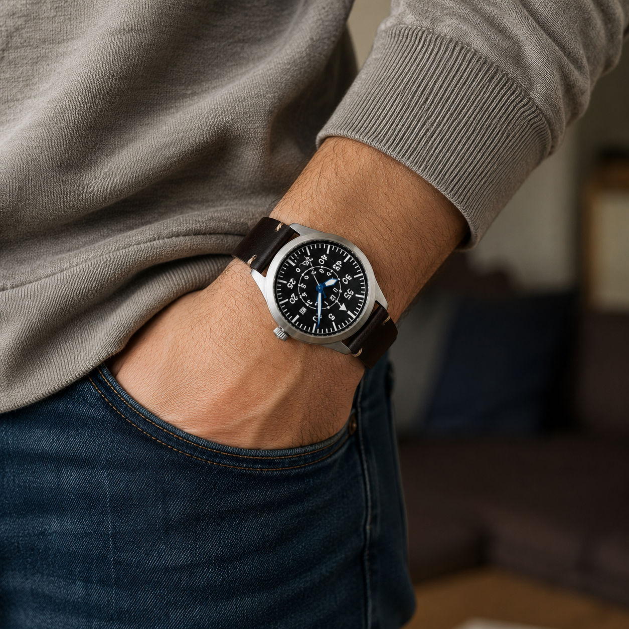 Montre aviateur homme avec bracelet en cuir noir