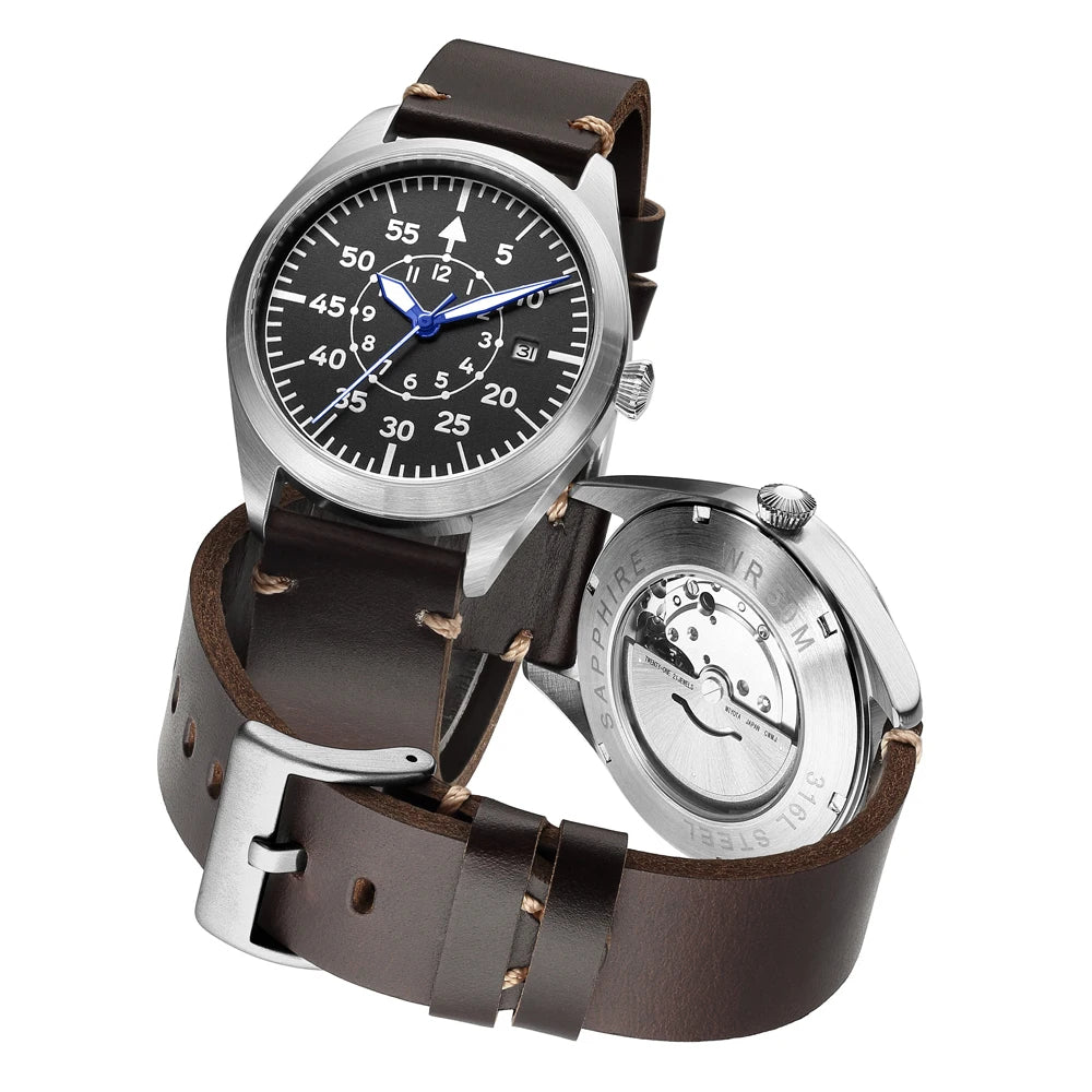 Montre pilote vintage noire pour passionnés d'aviation
