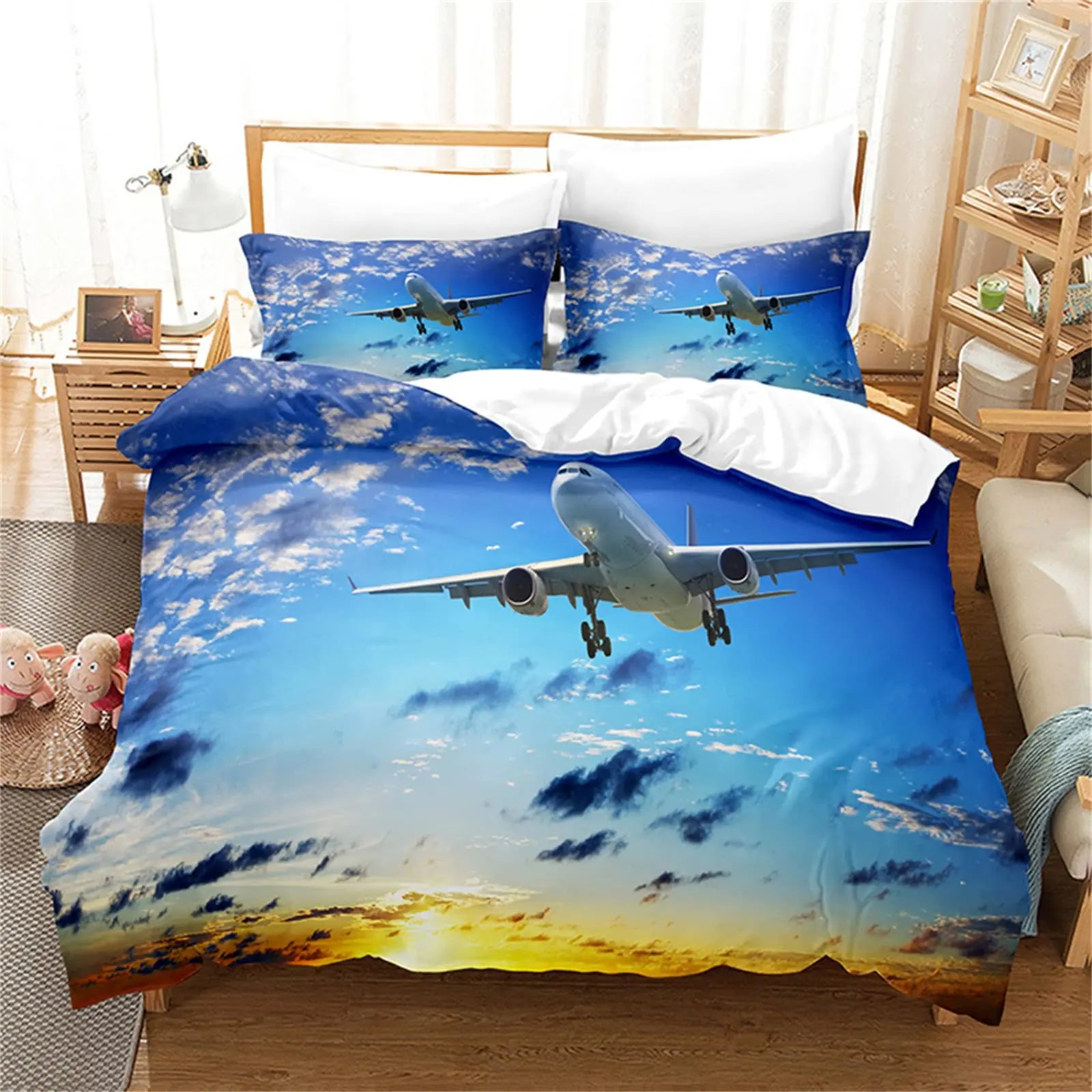 parure de lit avion coucher de soleil