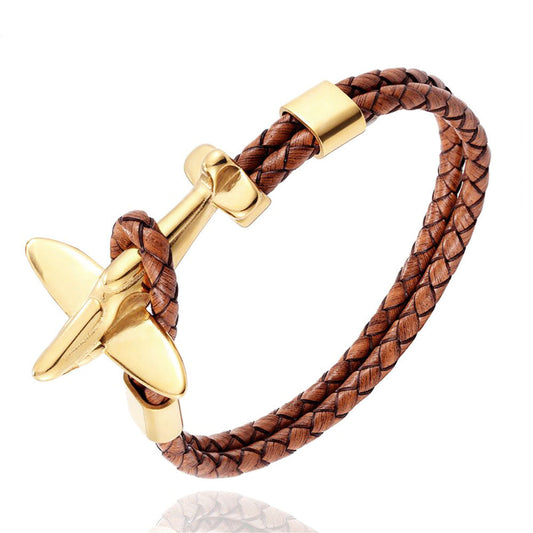 bracelet avion retro cuir marron et or